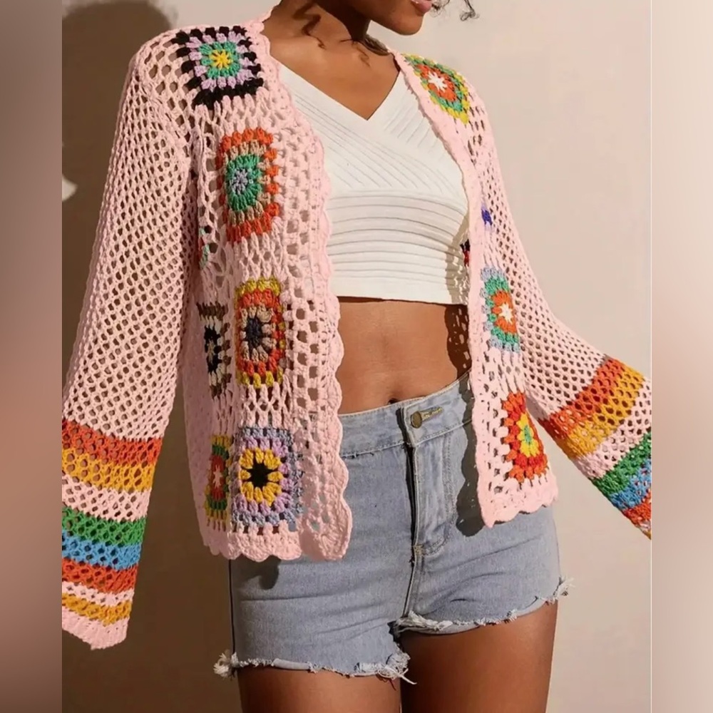 PINK Crochet Granny Square Open-Front Sweater